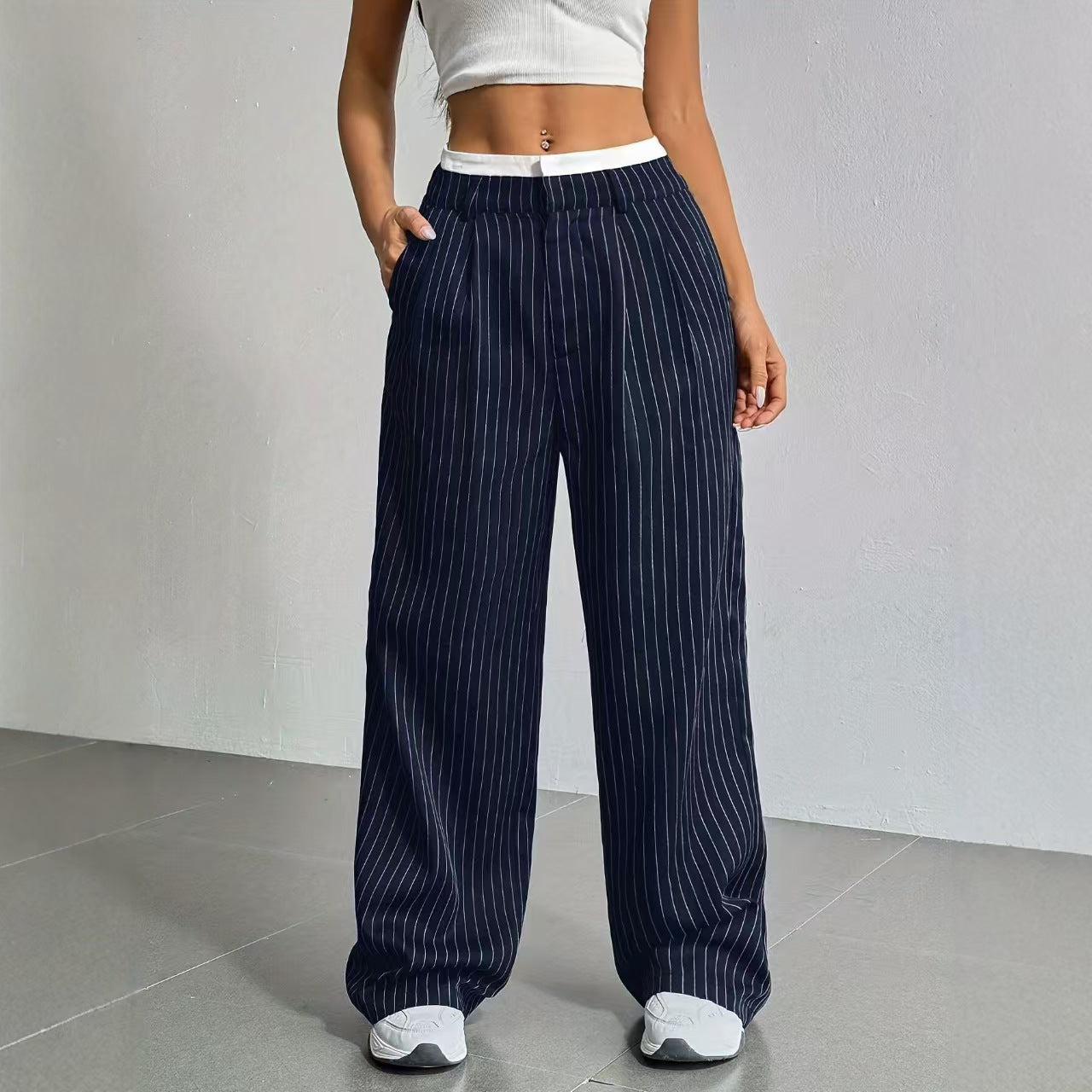 High waisted striped hanging feeling versatile for commuting E1292