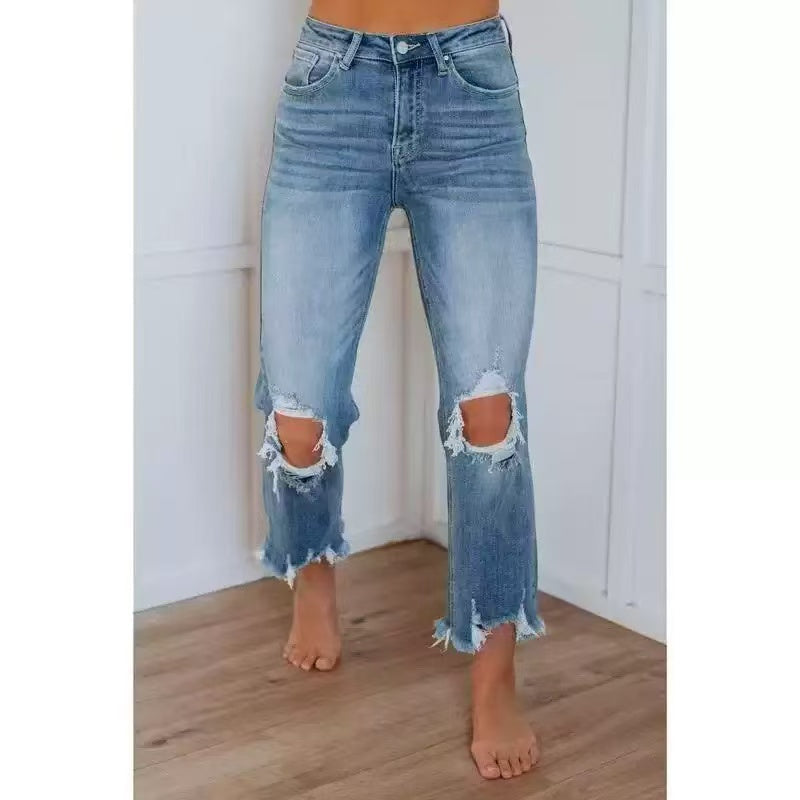 Punched trendy denim pants   E1434