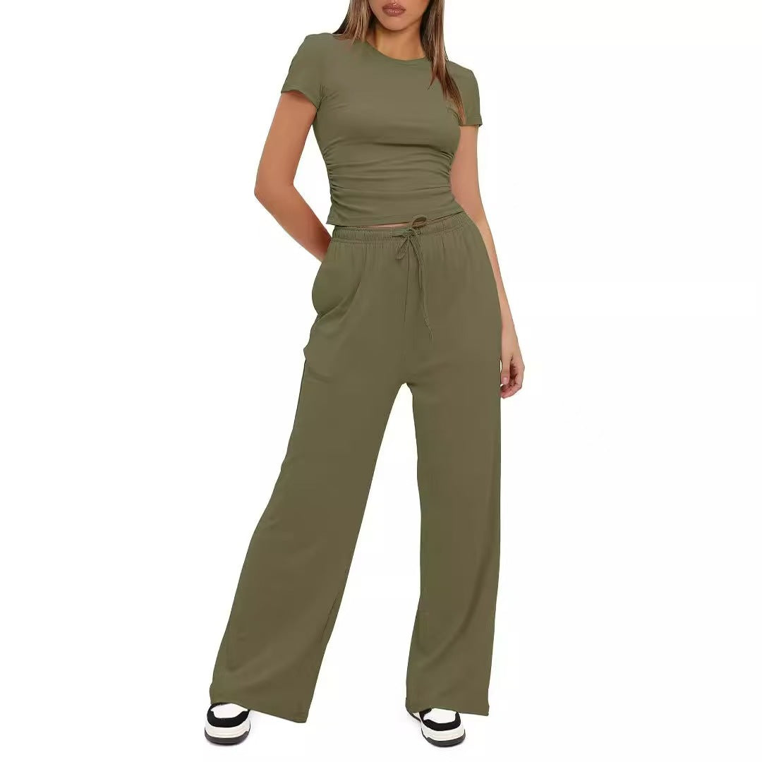 Solid color casual long sleeved suit top, high waist and wide leg pants   E1346
