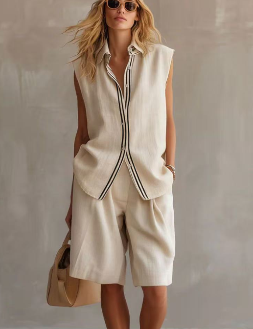 Casual single breasted sleeveless shirt set    E1374
