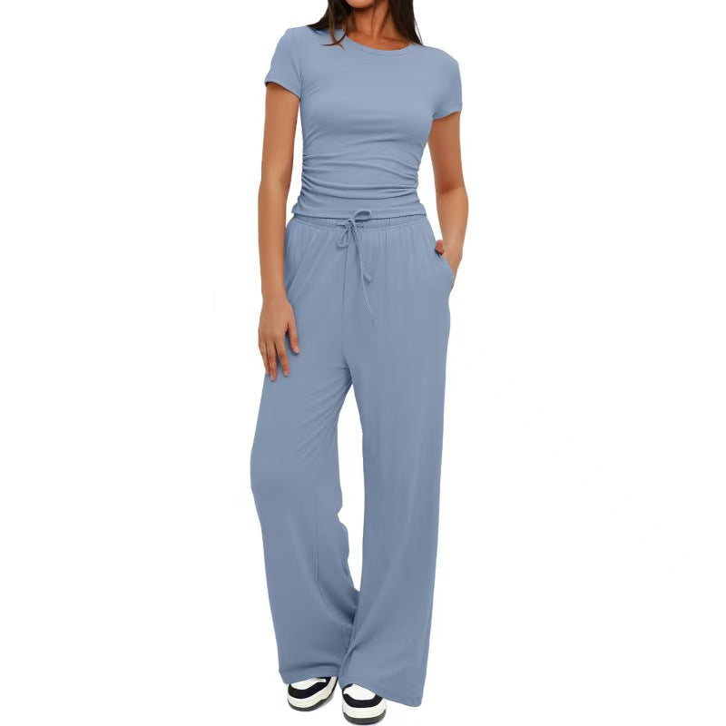 Solid color casual long sleeved suit top, high waist and wide leg pants   E1346
