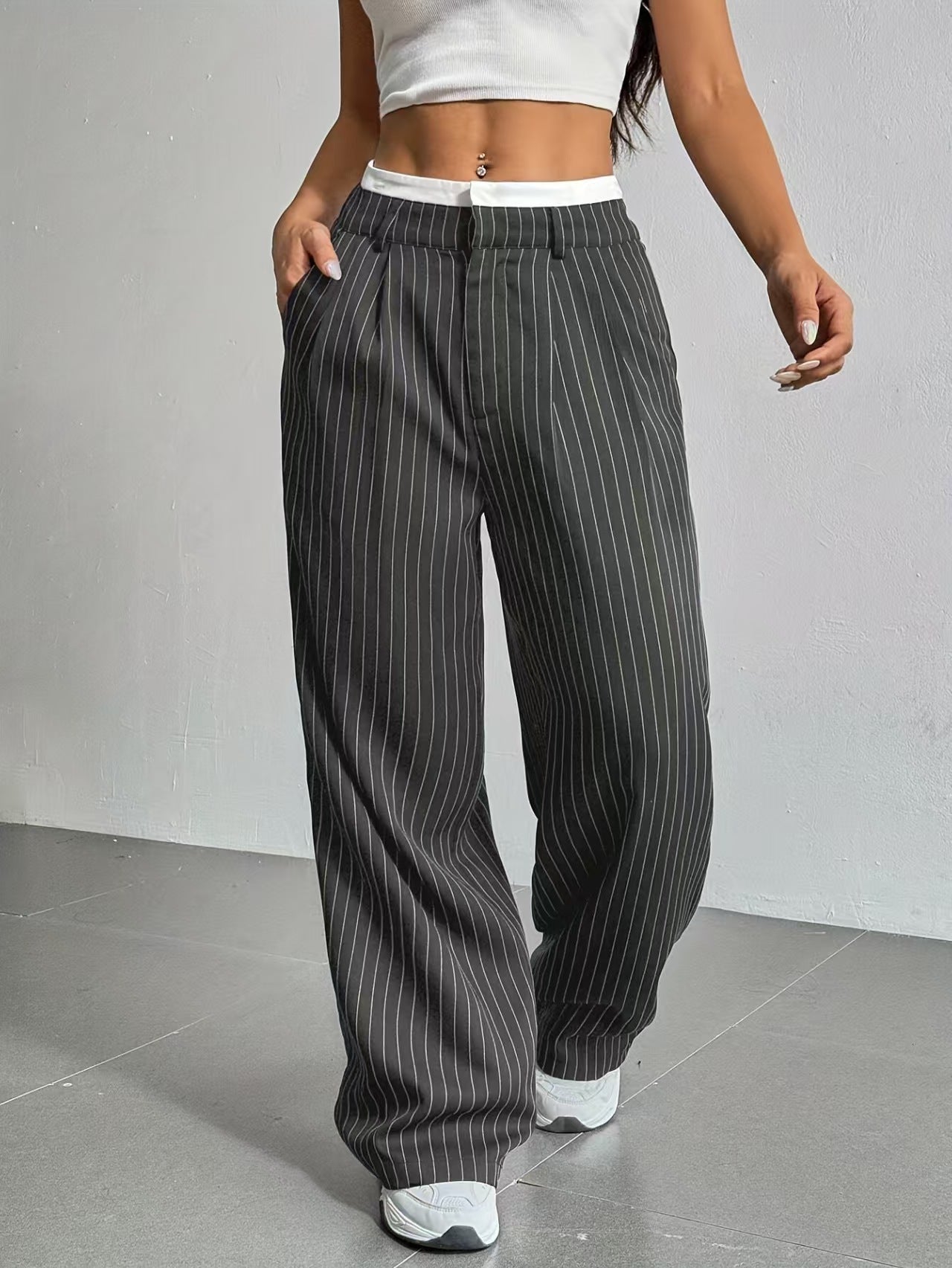High waisted striped hanging feeling versatile for commuting E1292