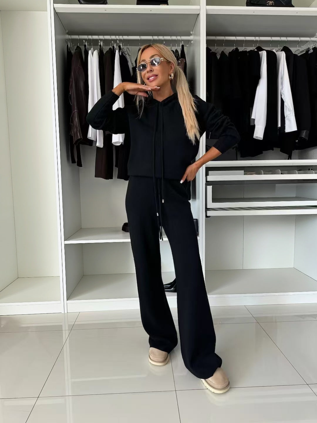 Solid color hooded casual loose suit  E1446