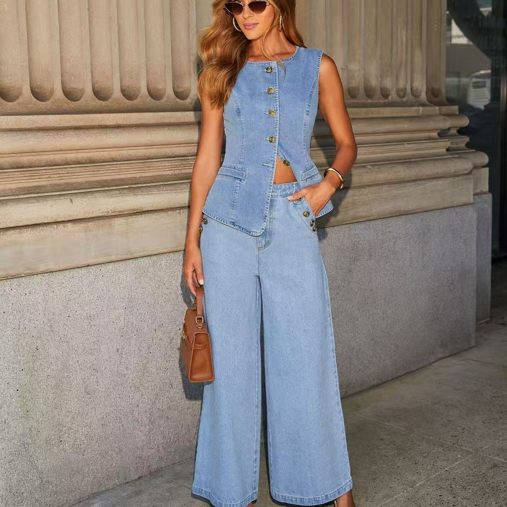 Sports short sleeved denim suit-GYYF E5225