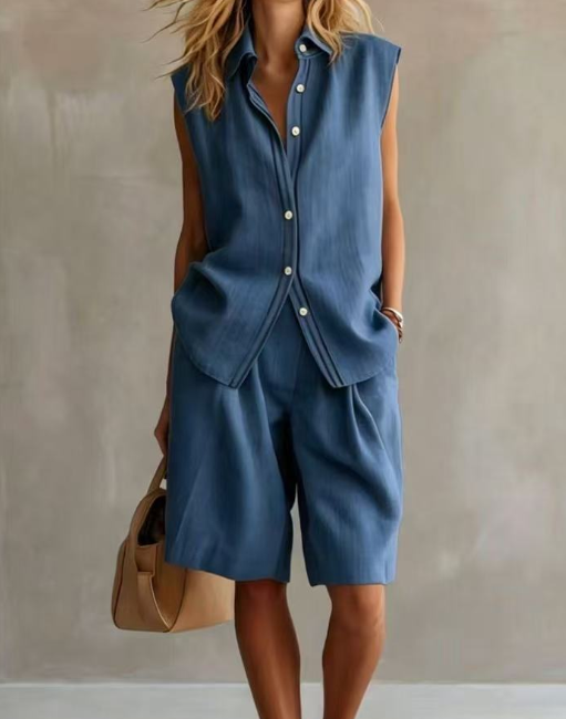 Casual single breasted sleeveless shirt set    E1374