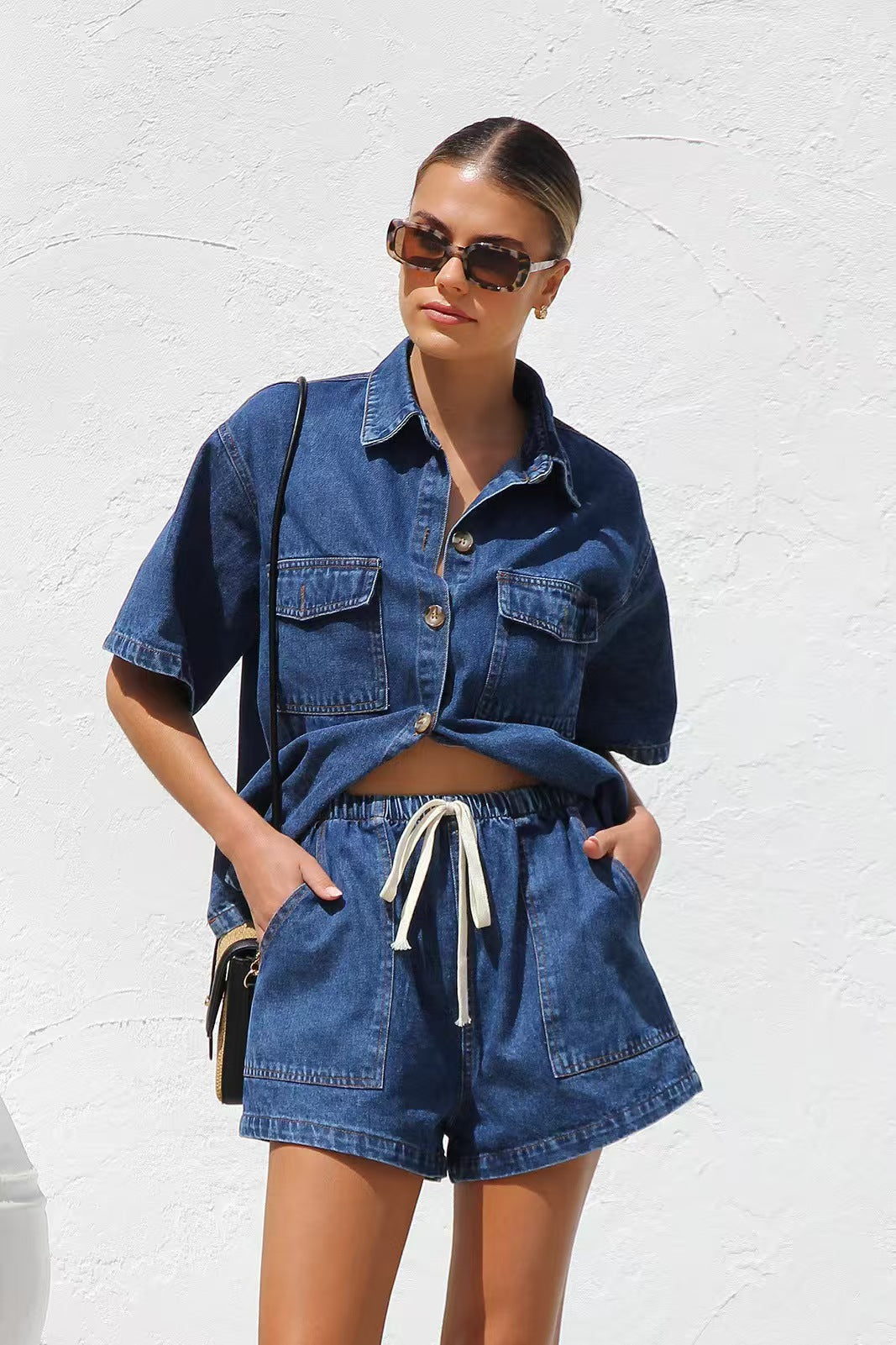 Casual loose pocket short sleeved shirt shorts set  E184