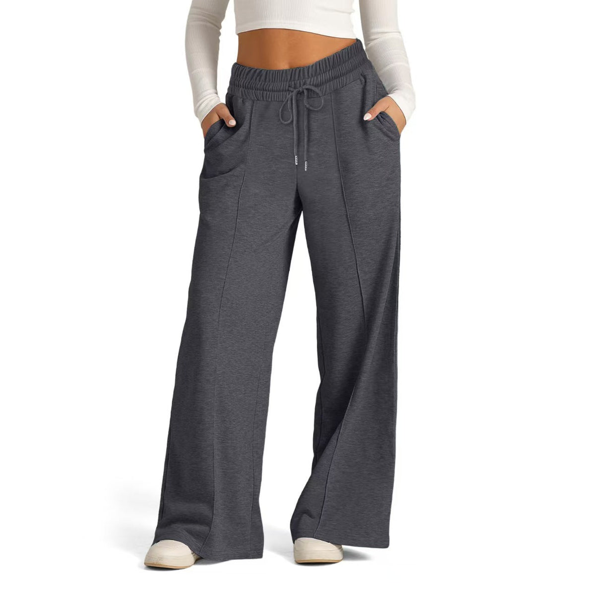 Loose drawstring solid color wide leg pants   E210
