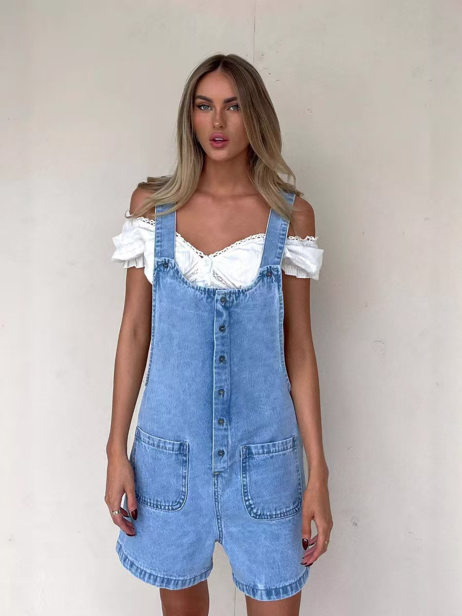 Cowboy overalls slim fit straight leg jumpsuit shorts E1098