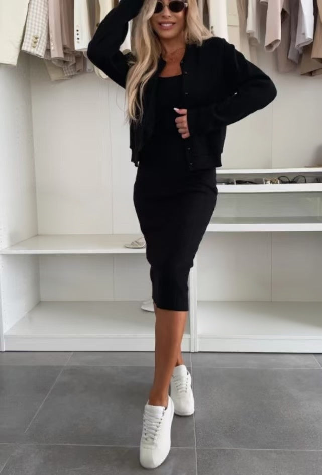 Women's long sleeved jacket sleeveless knitted dress set  E1444