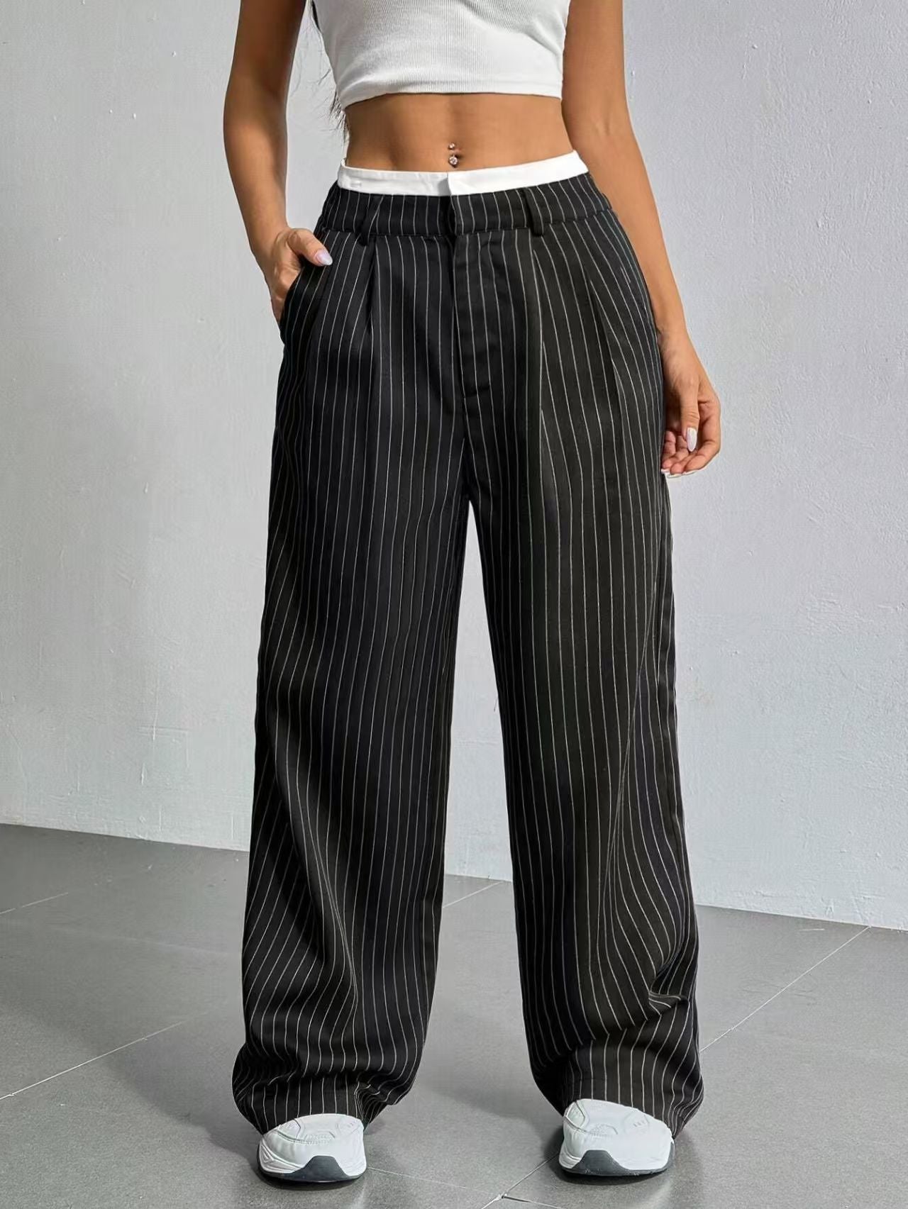 High waisted striped hanging feeling versatile for commuting E1292