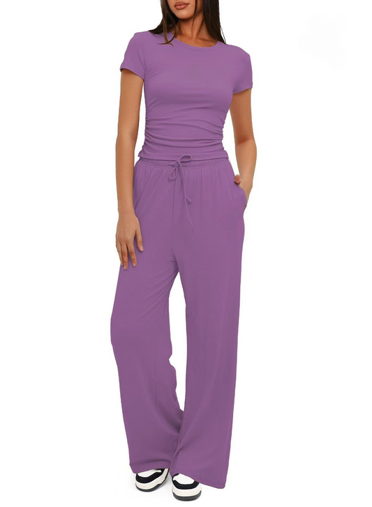 Solid color casual long sleeved suit top, high waist and wide leg pants   E1346