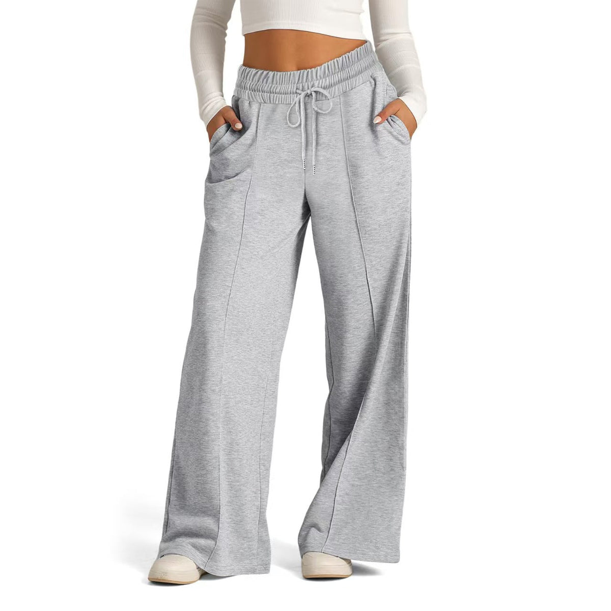 Loose drawstring solid color wide leg pants   E210